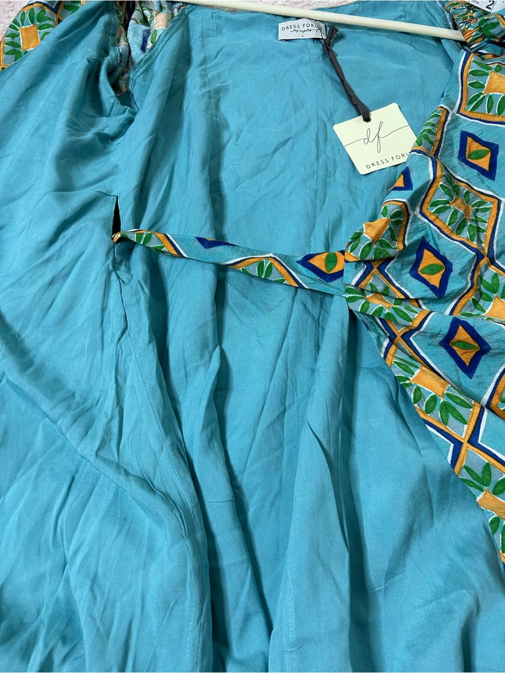 Dress Forum Aqua and Green Geometric Wrap Mini Dress Size Large NWT Vacation - Picture 14 of 14